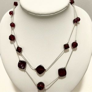 Vintage Red Glass Bead Necklace Faceted And Smooth Silver Tone 16” Two Layers